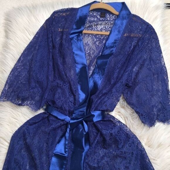 Fredericks Of Hollywood Blue Lace & Satin Robe With Belt Size Large - Picture 1 of 7